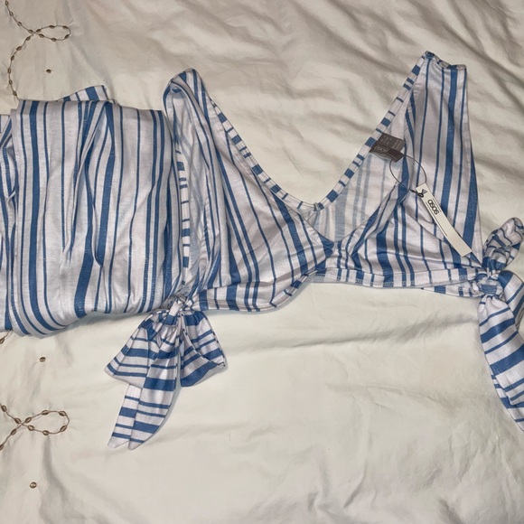 NWT ASOS Maxi Slit  Skirt with side tie crop top set blue and white stipe Small - Picture 8 of 11